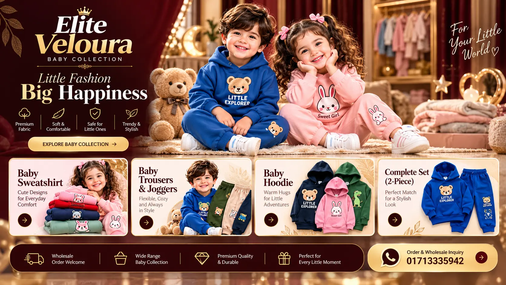 Elite Veloura baby clothing collection featuring sweatshirts, hoodies, joggers and 2-piece sets for kids aged 2–8 years
